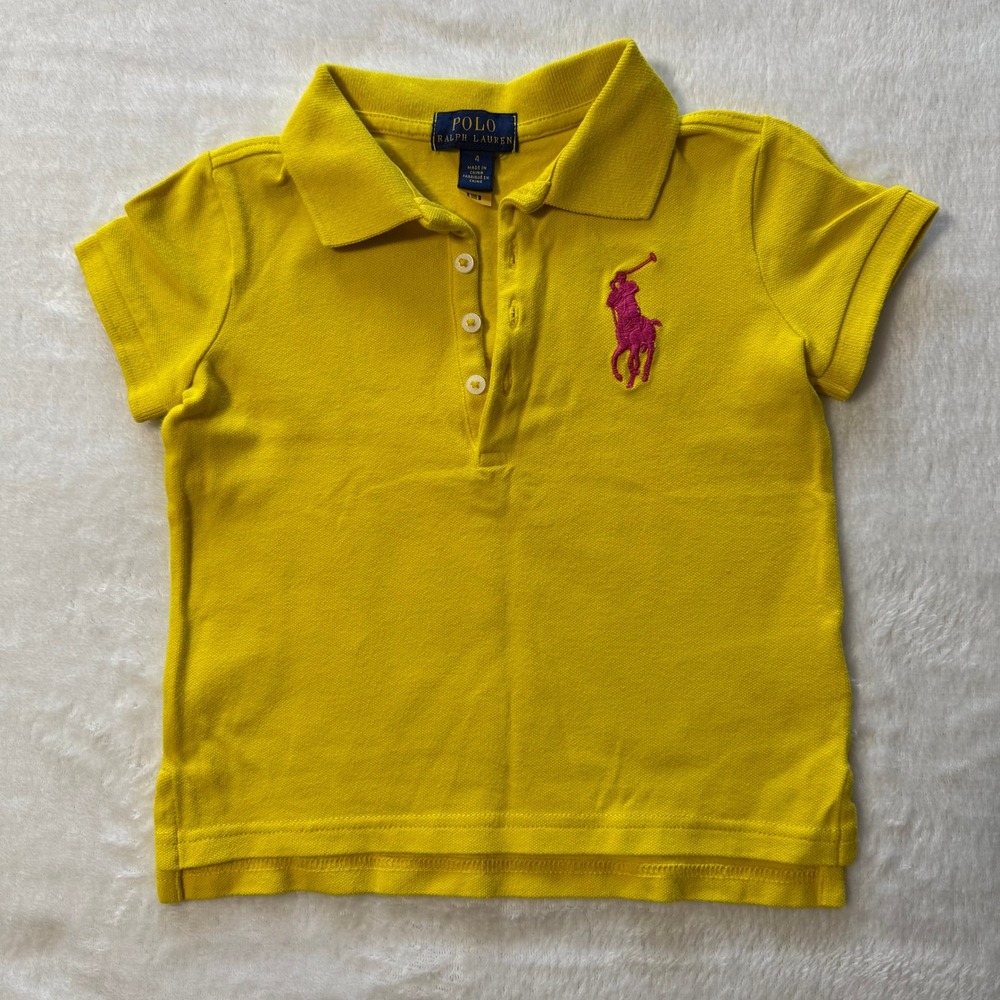 Polo Ralph Lauren Polo Shirt Kids Size 4 Yellow Pink Big Pony Pique Short Sleeve